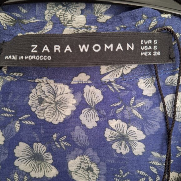 Zara 100% Silk Blue and White Sheer Floral Blouse - Picture 3 of 9